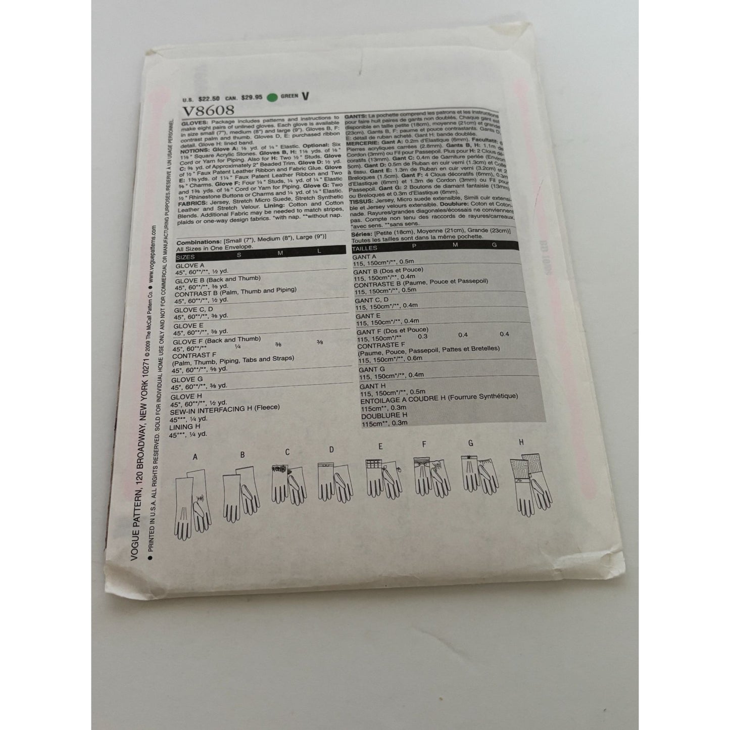 Vogue Sewing Pattern V8608 Accessories Gloves Unlined S M L Winter Driving Uncut
