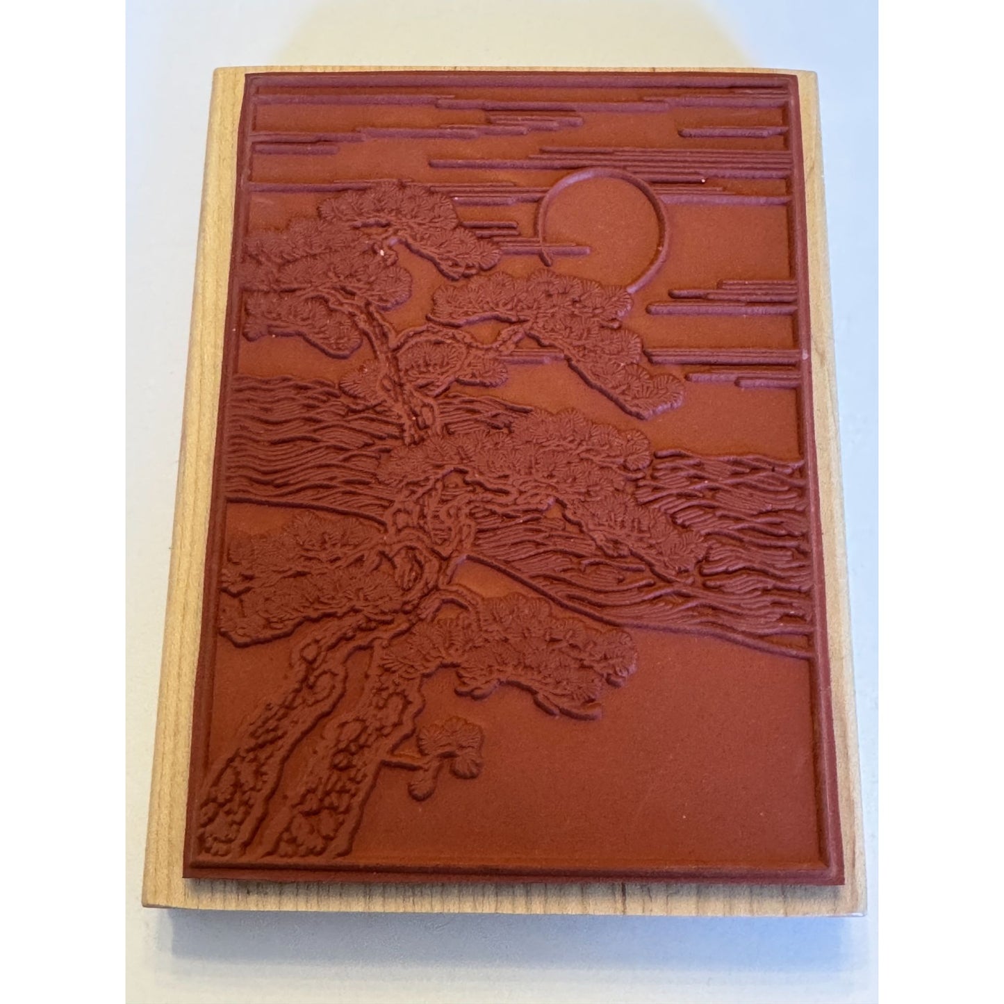 Beeswax Rubber Stamp Japanese Bonsai Tree Asian Sunset Rising Sun Moon Large Big