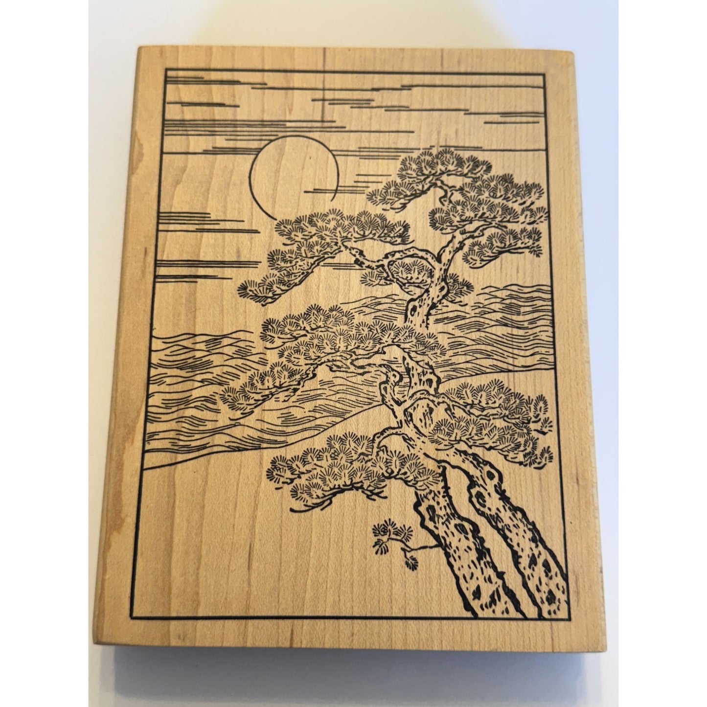 Beeswax Rubber Stamp Japanese Bonsai Tree Asian Sunset Rising Sun Moon Large Big