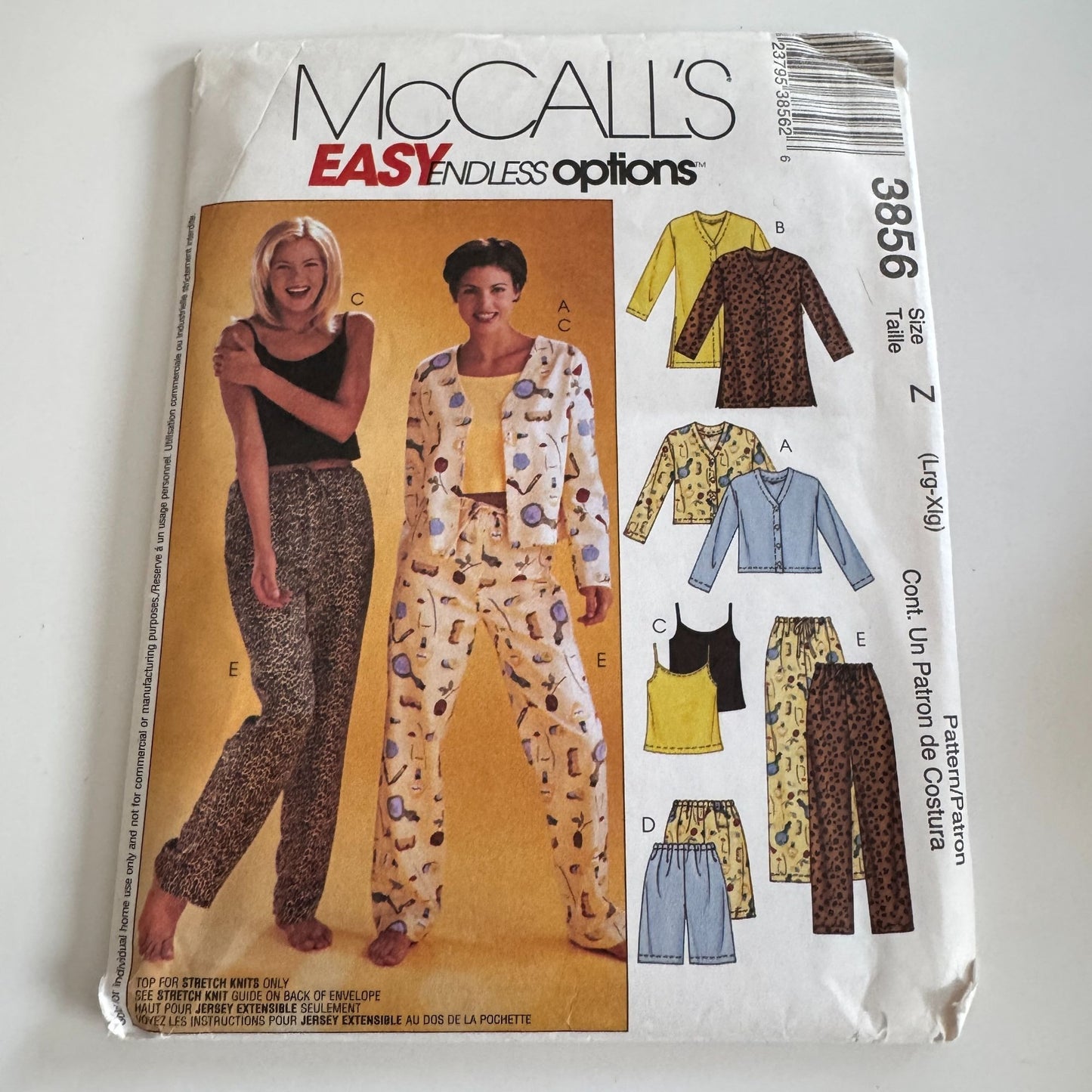 McCalls Sewing Pattern 3856 Pajamas Top Camisole Shorts Pants Easy L XL 16-22 UC