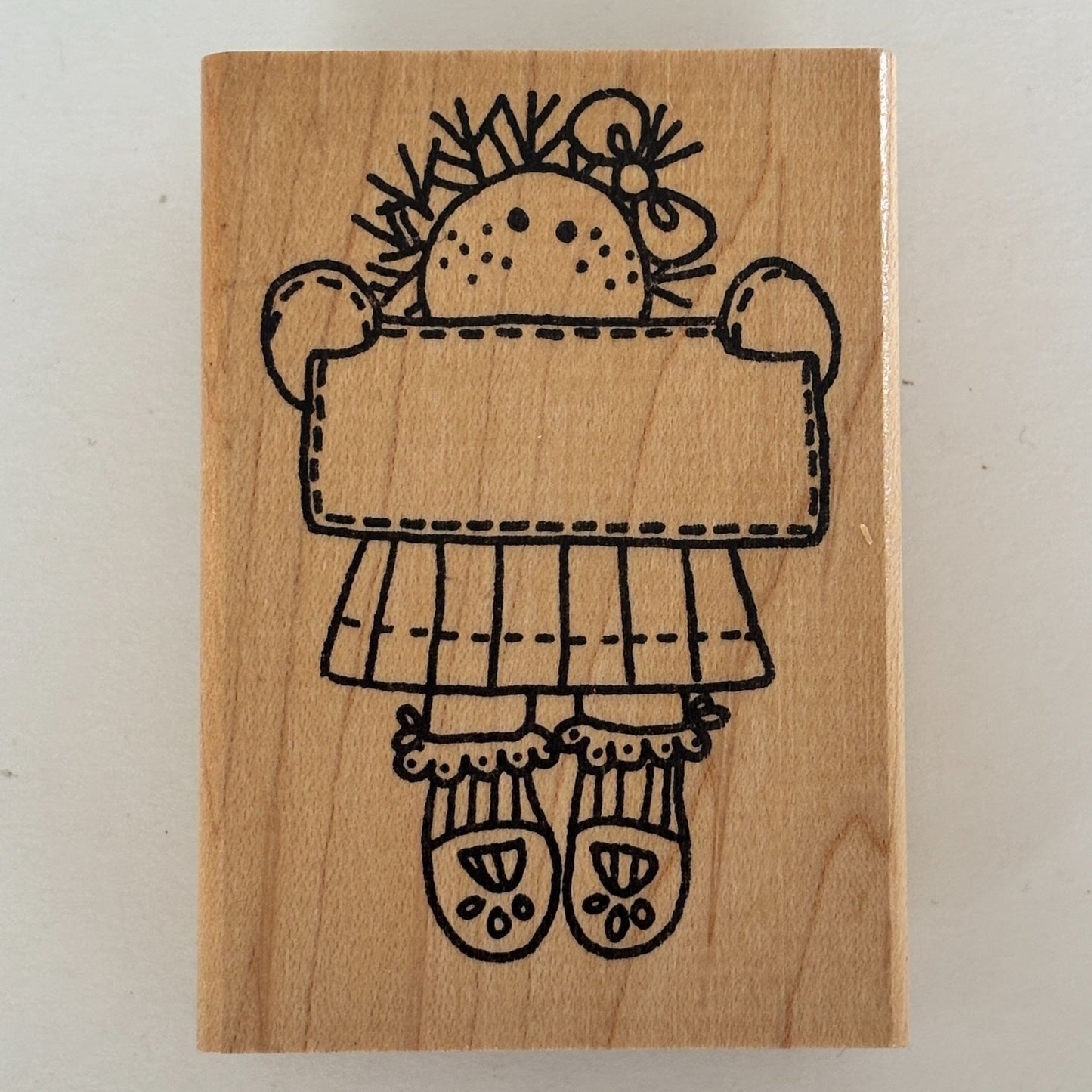 Azadi Earles Rubber Stamp Country Girl Doll Holding Sign Label Frame Folk Art Cardmaking