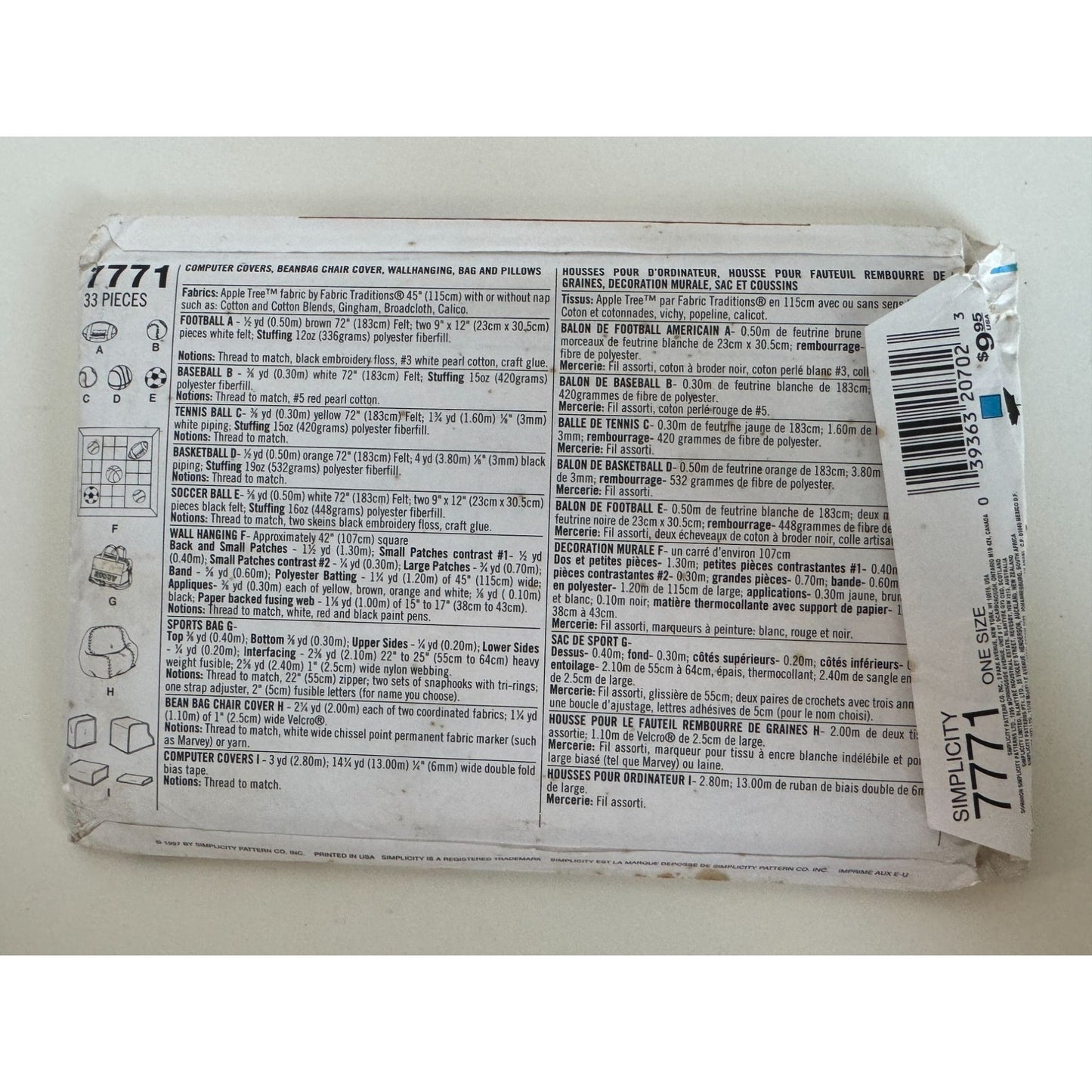 Simplicity Sewing Pattern 7771 Home Decorating Bean Bag Chair Cover Soccer Uncut