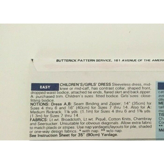 Butterick Sewing Pattern 6090 Girls Dress Sleeveless Spring Summer 7 8 10 Uncut