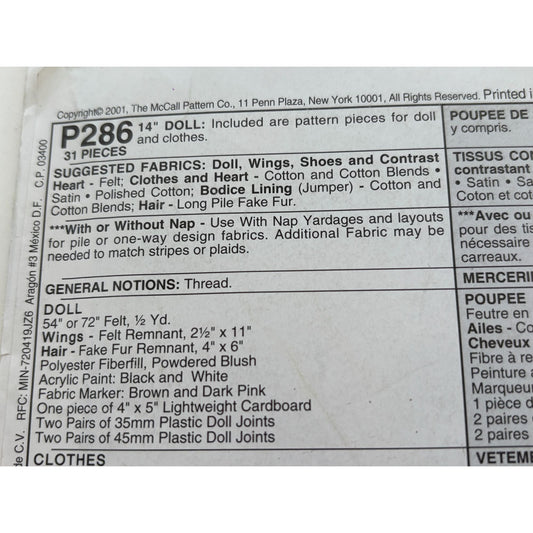 McCalls Sewing Pattern P286 Crafts Kewpie Doll for 14" Doll and Clothing Clothes