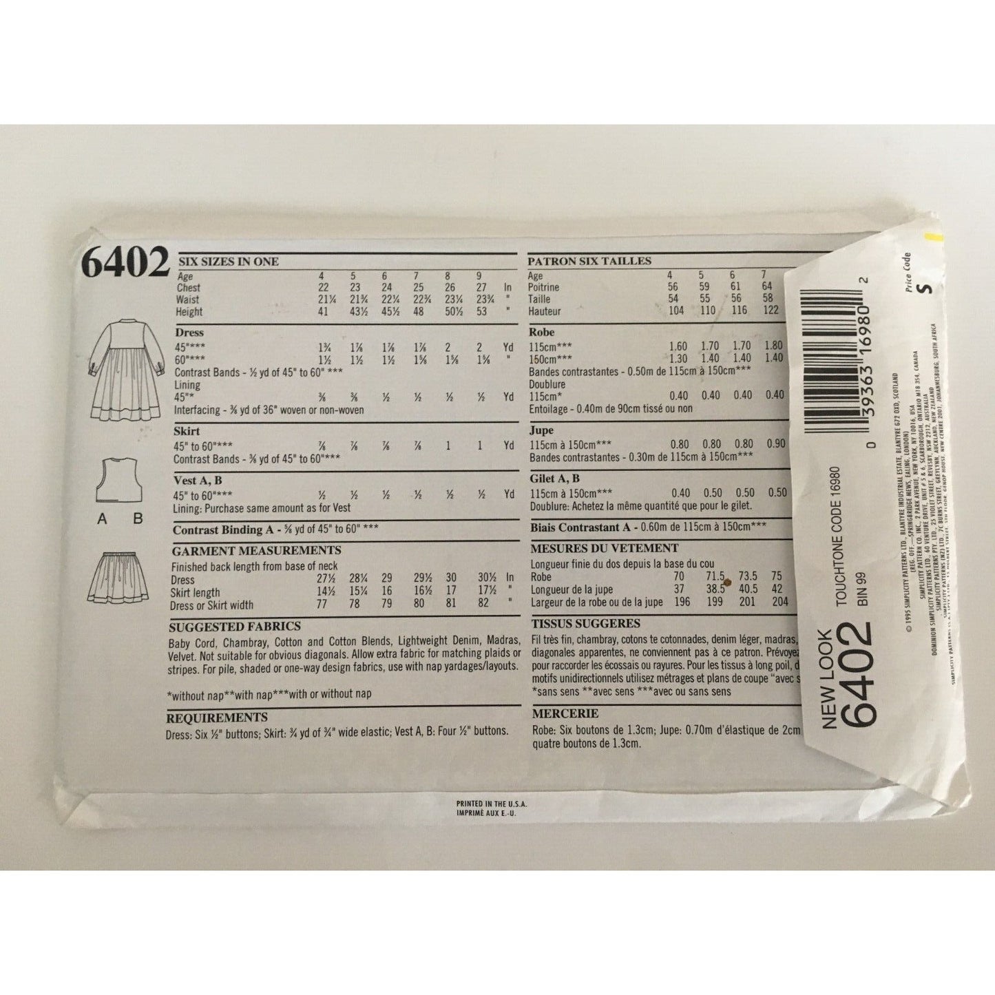 New Look 6402 Sewing Pattern Little Girls Play Dress Casual School Sz 4-9 UC