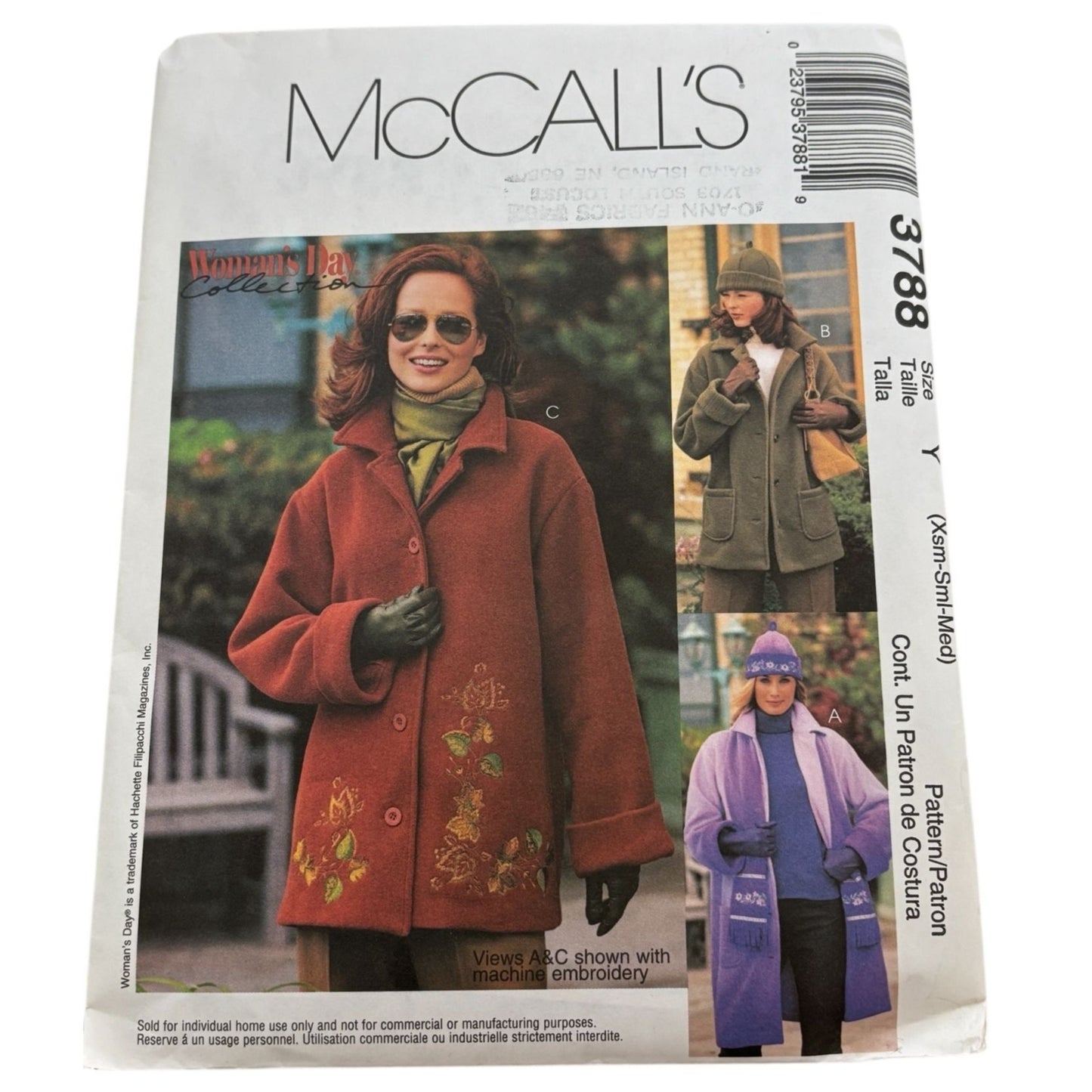 McCalls Sewing Pattern 3788 Winter Fleece Jackets Hats Scarf Misses XS S M 4-14