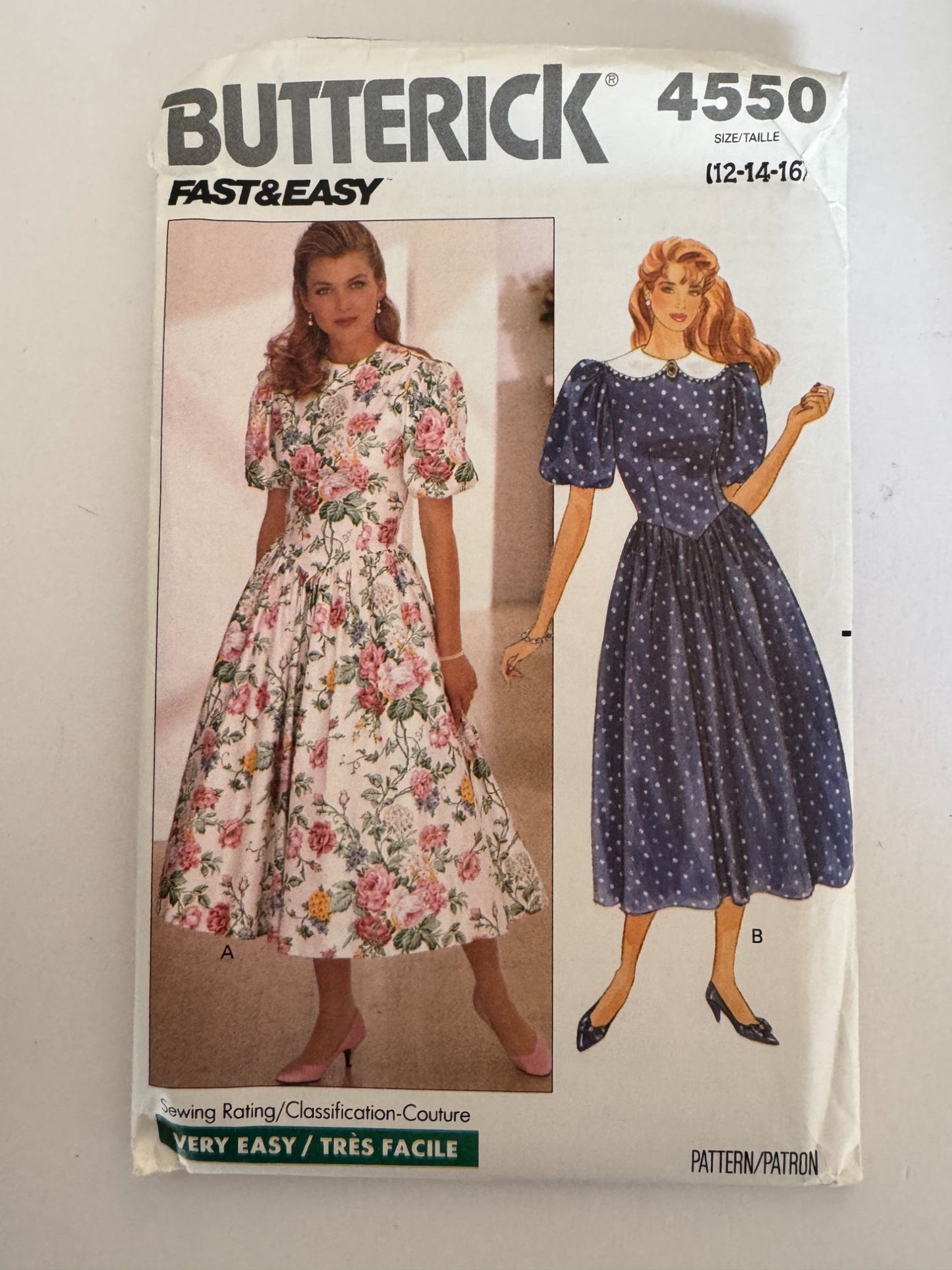 Butterick Sewing Pattern 4550 Romantic Dress Easy Dropped Waist Bodice 12 14 16