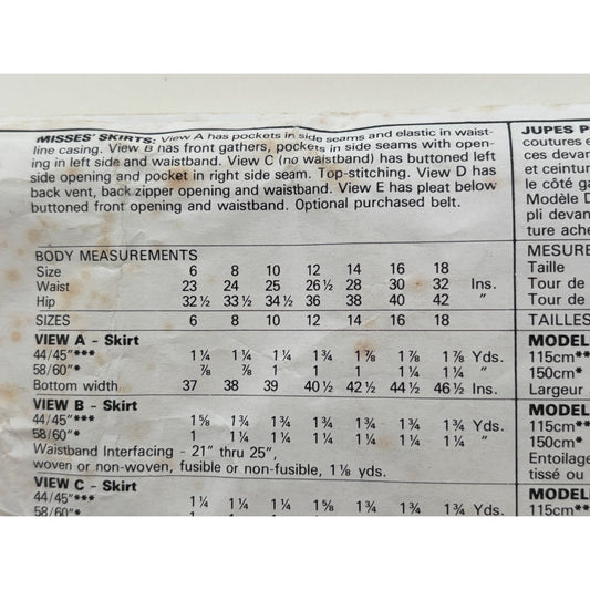 McCalls Sewing Pattern 2230 Skirts Size 12 Classic Design Career Work 1980s UC