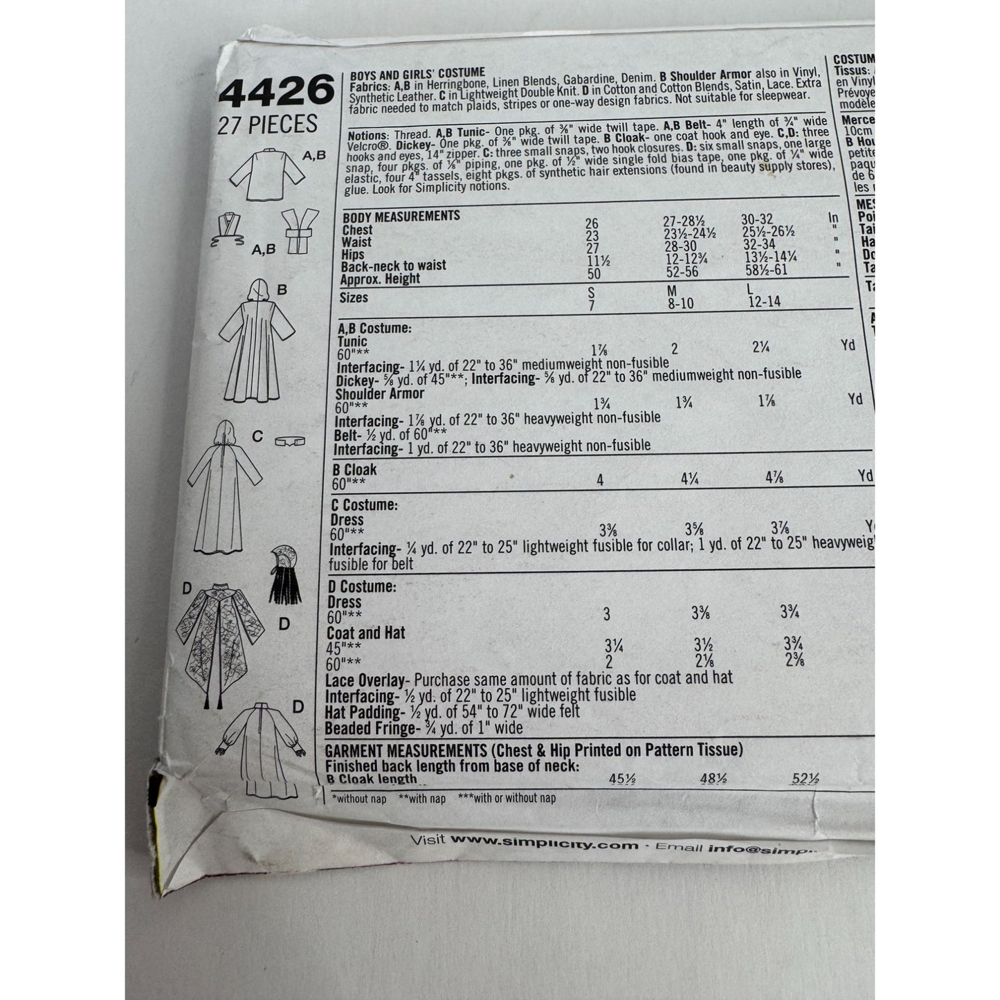 Simplicity Sewing Pattern 4426 Halloween Costumes Princess Leia Luke Skywalker
