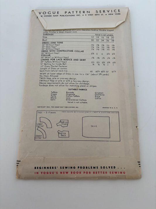 Vogue Sewing Pattern 7631 Evening Gown Dress Formal Size 12 Vintage 1952 1950s