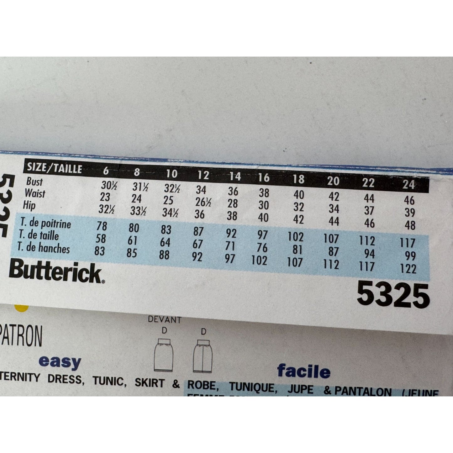 Butterick Sewing Pattern 5325 Maternity Dress Tunic Skirt Pants Sizes 6-10 Uncut