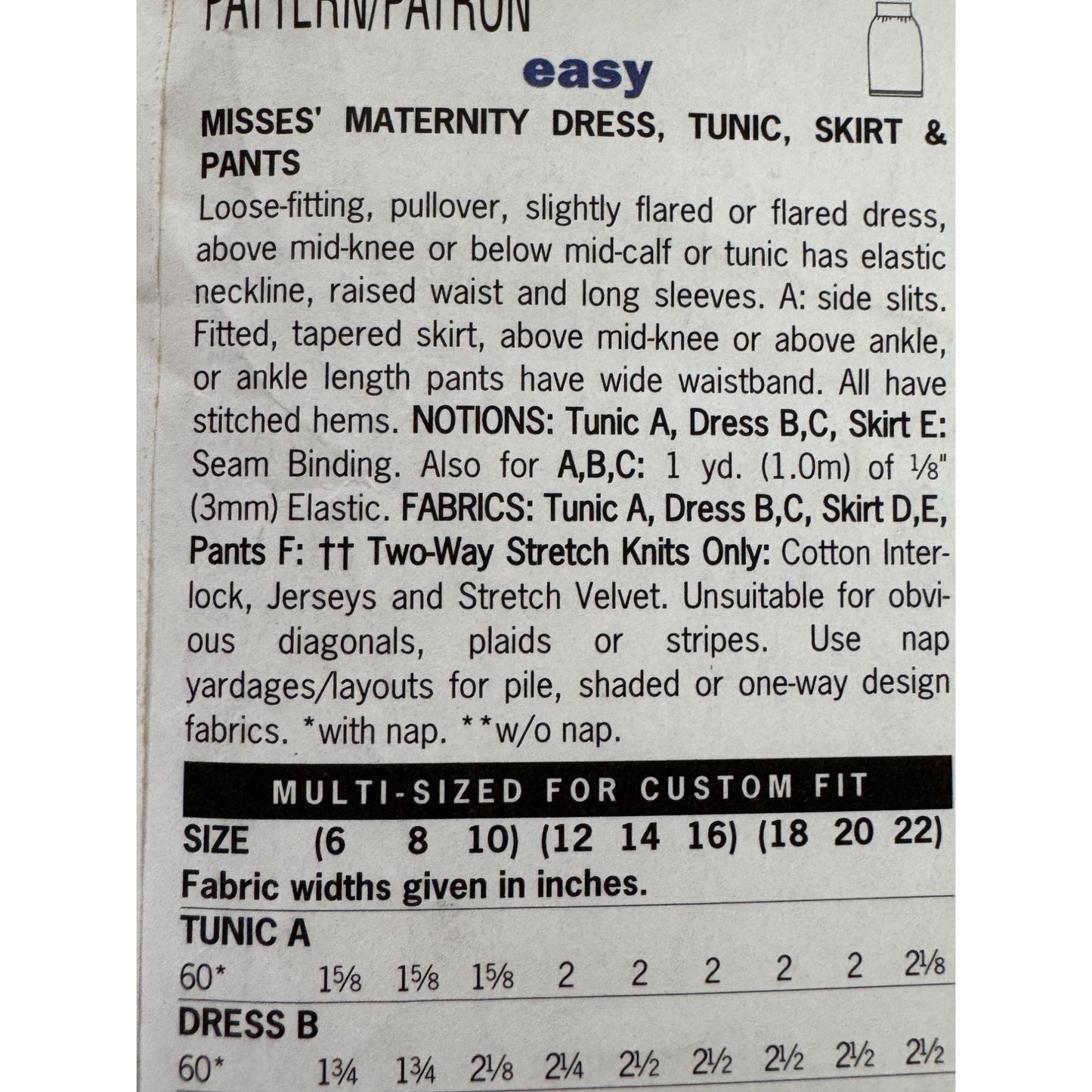 Butterick Sewing Pattern 5325 Maternity Dress Tunic Skirt Pants Sizes 6-10 Uncut