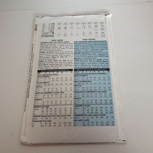 Butterick Sewing Pattern 6615 Girls Top Pants Shorts Summer Outfit CUT to size 5