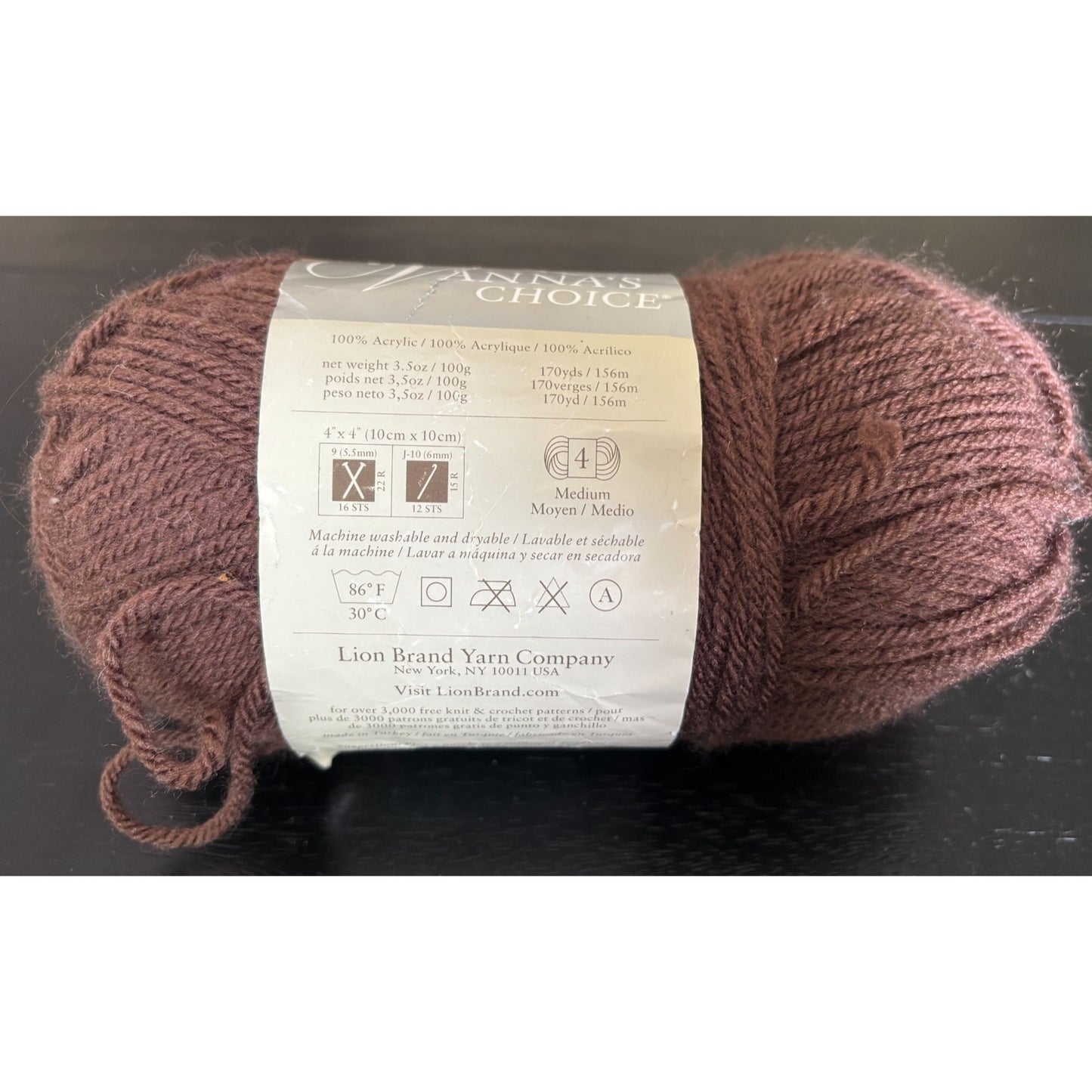 Lion Brand Vannas Choice Yarn Skein Chocolate Brown Medium Weight Acrylic 3.5 Oz