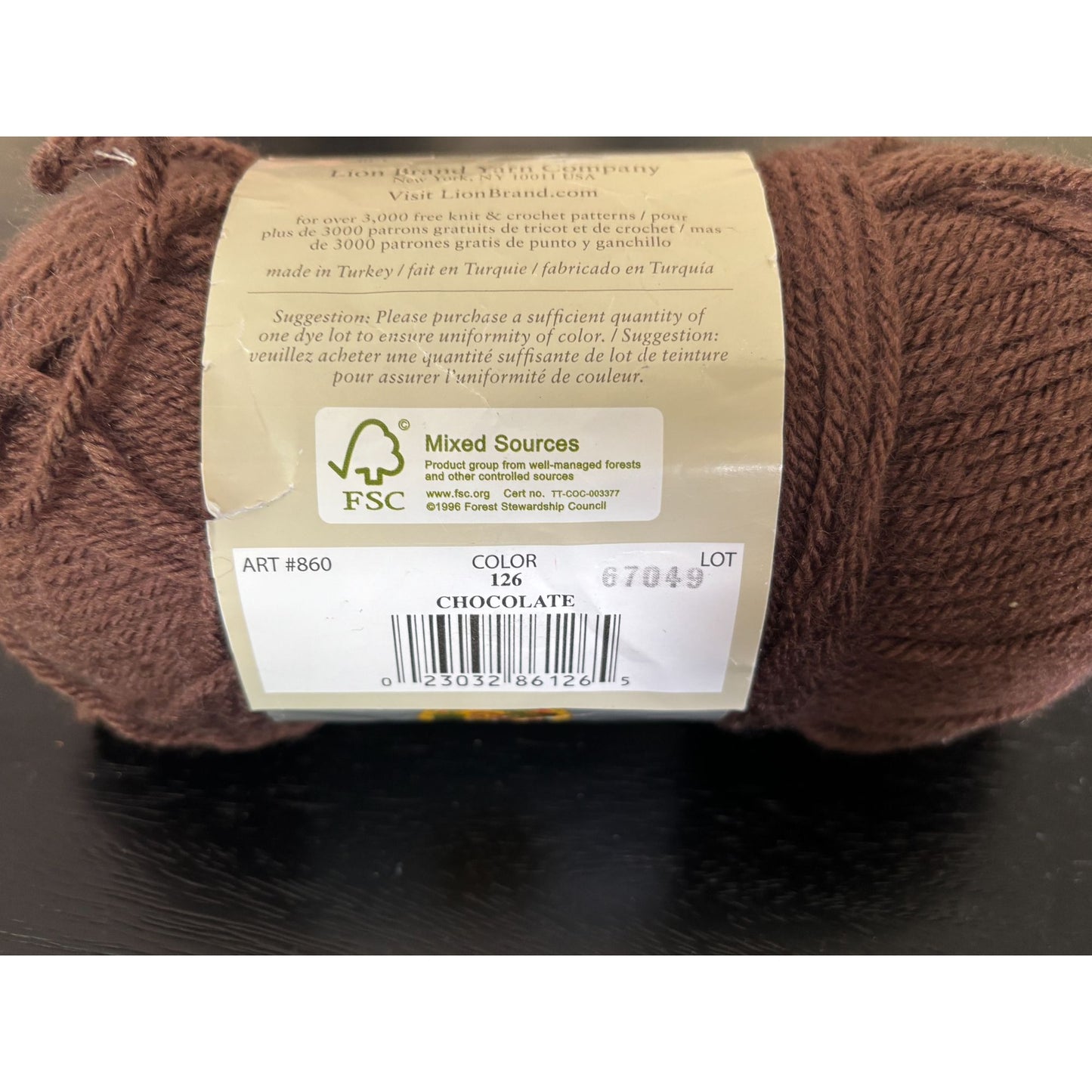 Lion Brand Vannas Choice Yarn Skein Chocolate Brown Medium Weight Acrylic 3.5 Oz