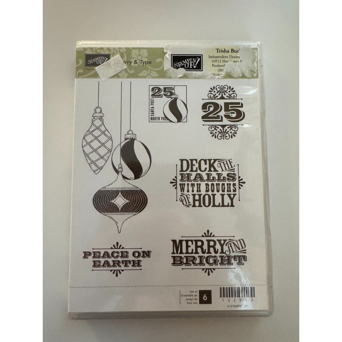 Stampin Up Clear Mount Rubber Stamp Set Christmas Merry and Type Ornaments Peace