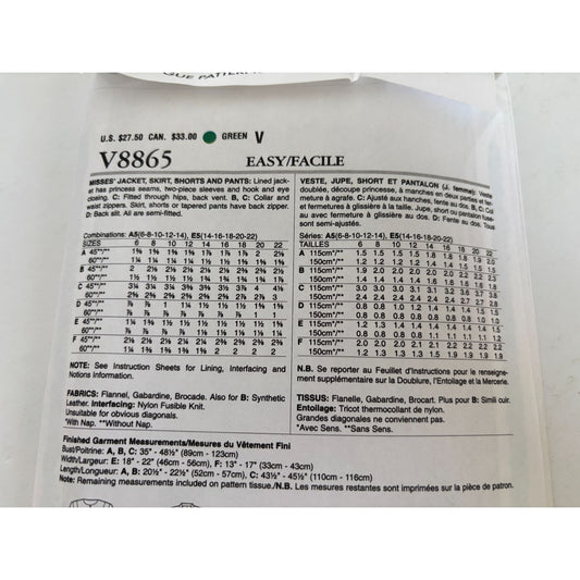 Vogue Sewing Pattern V8865 Jacket Skirt Pants Work Professional Easy 14-22 UC