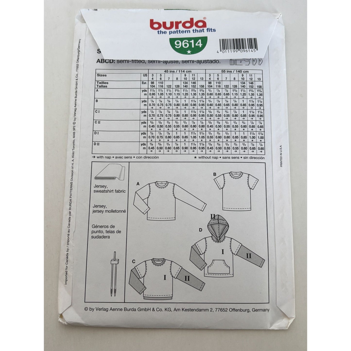 Burda Sewing Pattern 9614 Kid T-Shirt Hooded Shirt Sweatshirt Boys Girls 3-13 UC