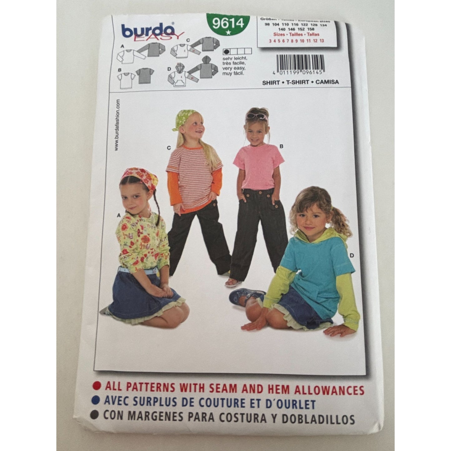 Burda Sewing Pattern 9614 Kid T-Shirt Hooded Shirt Sweatshirt Boys Girls 3-13 UC