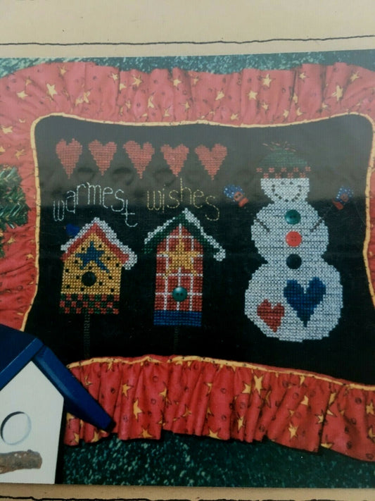 Lizzie Kate Cross Stitch Pattern Warmest Wishes Snowman Birdhouse Christmas Pillow Winter Holiday
