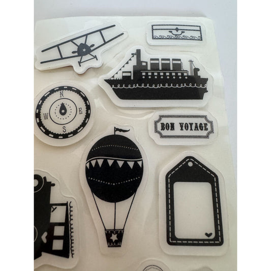 Heidi Grace Travel Cling Stamp Set Airplane Ship Hot Air Balloon Luggage Compass