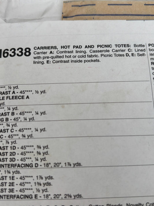 McCalls Crafts Sewing Pattern M6338 Casserole Carrier Tote Bags Picnic Zieman UC