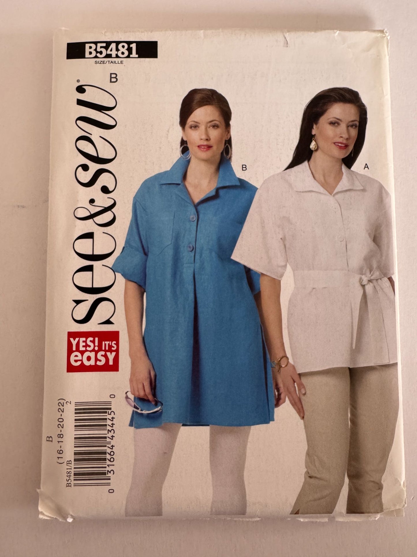 Butterick Sewing Pattern B5481 Tunic Top Shirt Work Casual Collar 16 18 20 22 UC