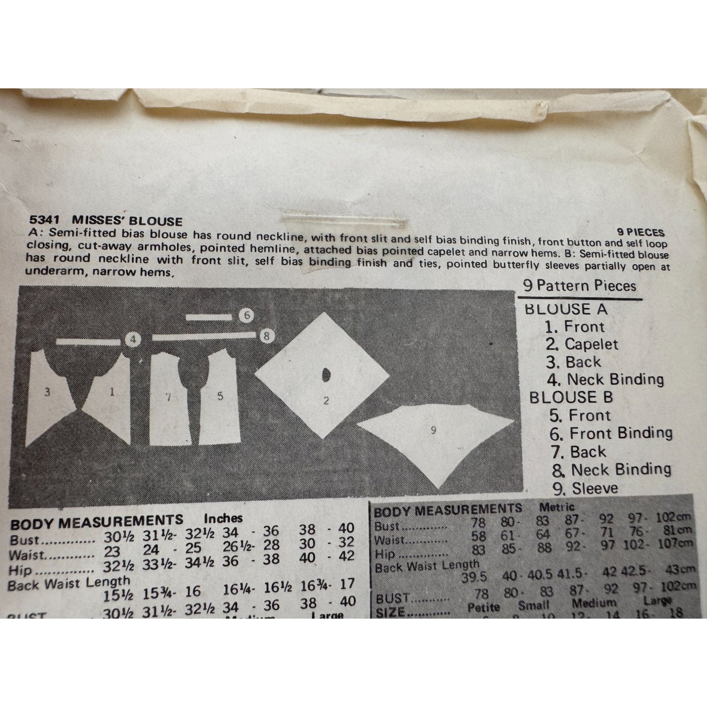 Butterick Sewing Pattern 5341Blouse Capelet and Butterfly Sleeves 1978 Large UC