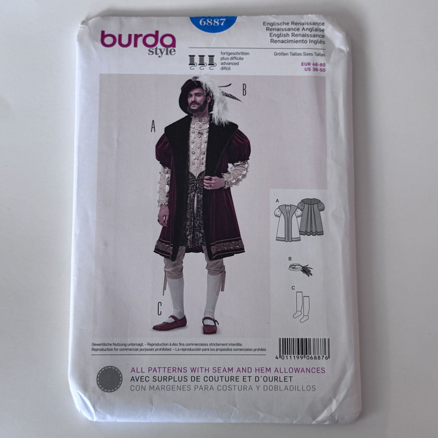 Burda Sewing Pattern 6887 English Renaissance Coat Mens Costume Tudor Elizabethan LARP 36-50 Uncut