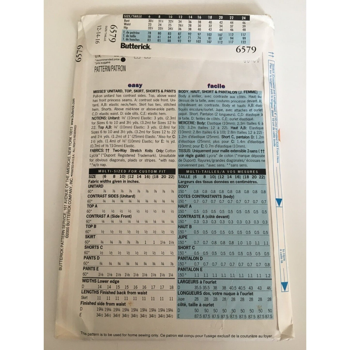 Butterick Sewing Pattern 6579 Kathy Ireland Unitard Top Skirt Shorts 12-16 Uncut