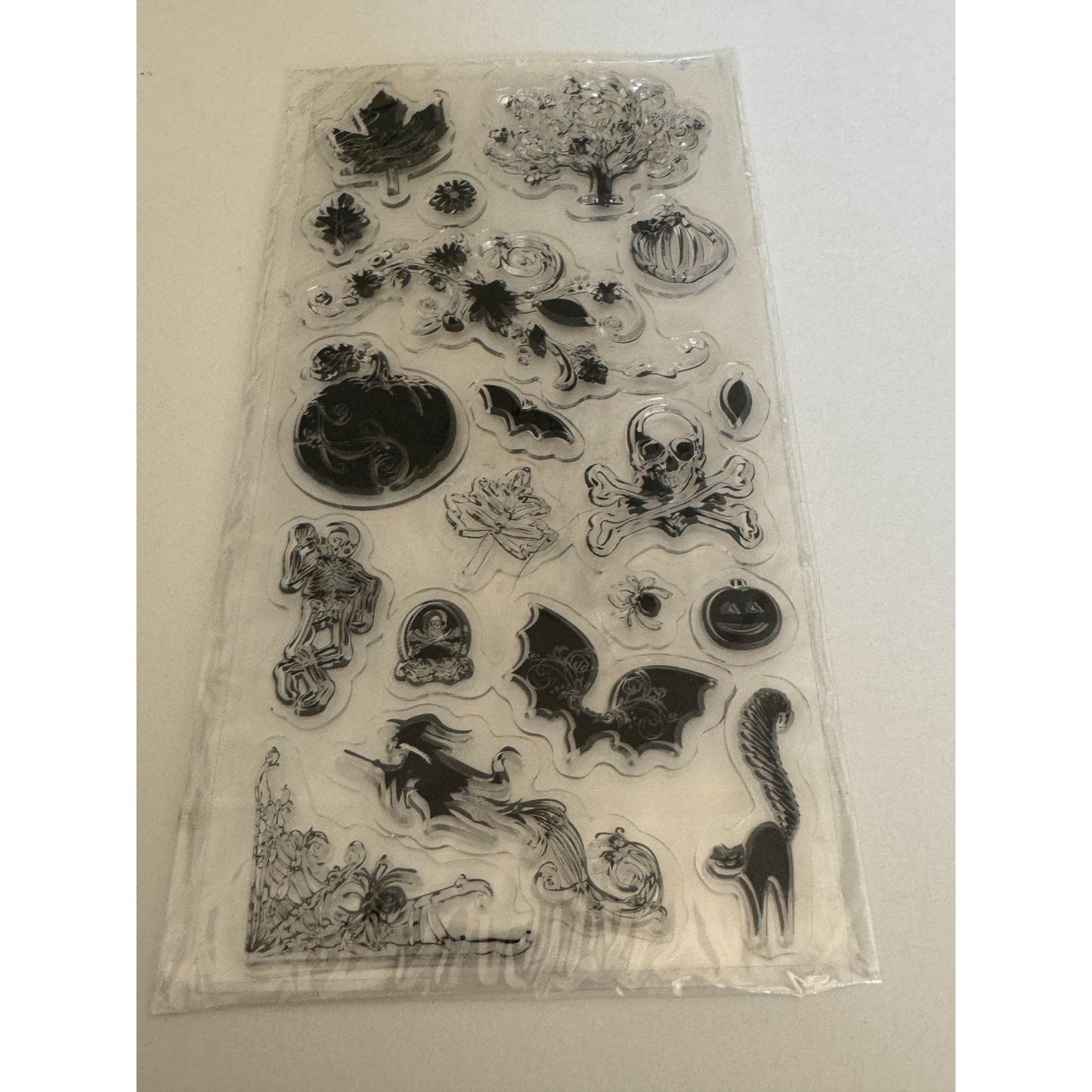 Halloween Themed Clear Stamp Set 23 Piece Spooky Designs Witch Skull Pumpkin Bat