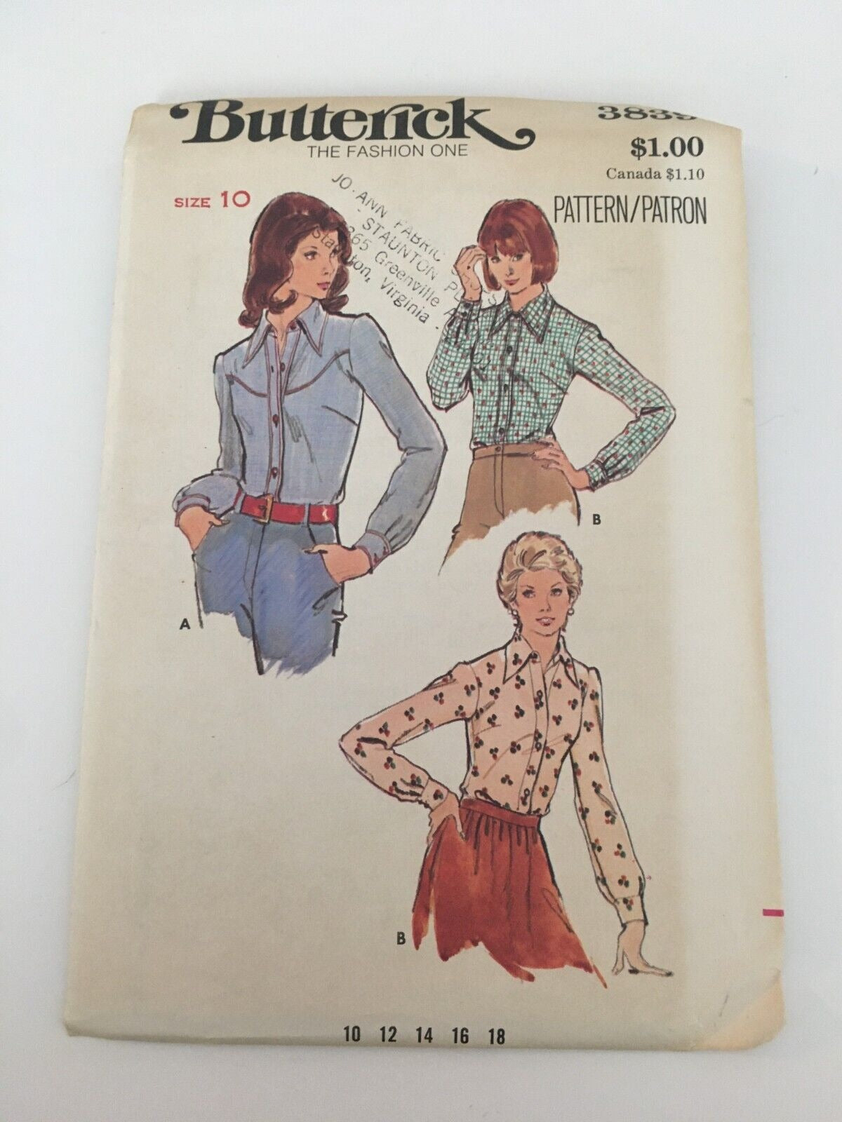 Butterick Sewing Pattern 3839 Western Button Shirt Vintage 1970s Bust 32.5 10 UC