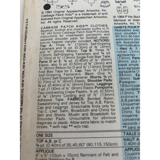 Butterick Sewing Pattern 6827 Cabbage Patch Kids Doll Clothes Sports Cheerleader