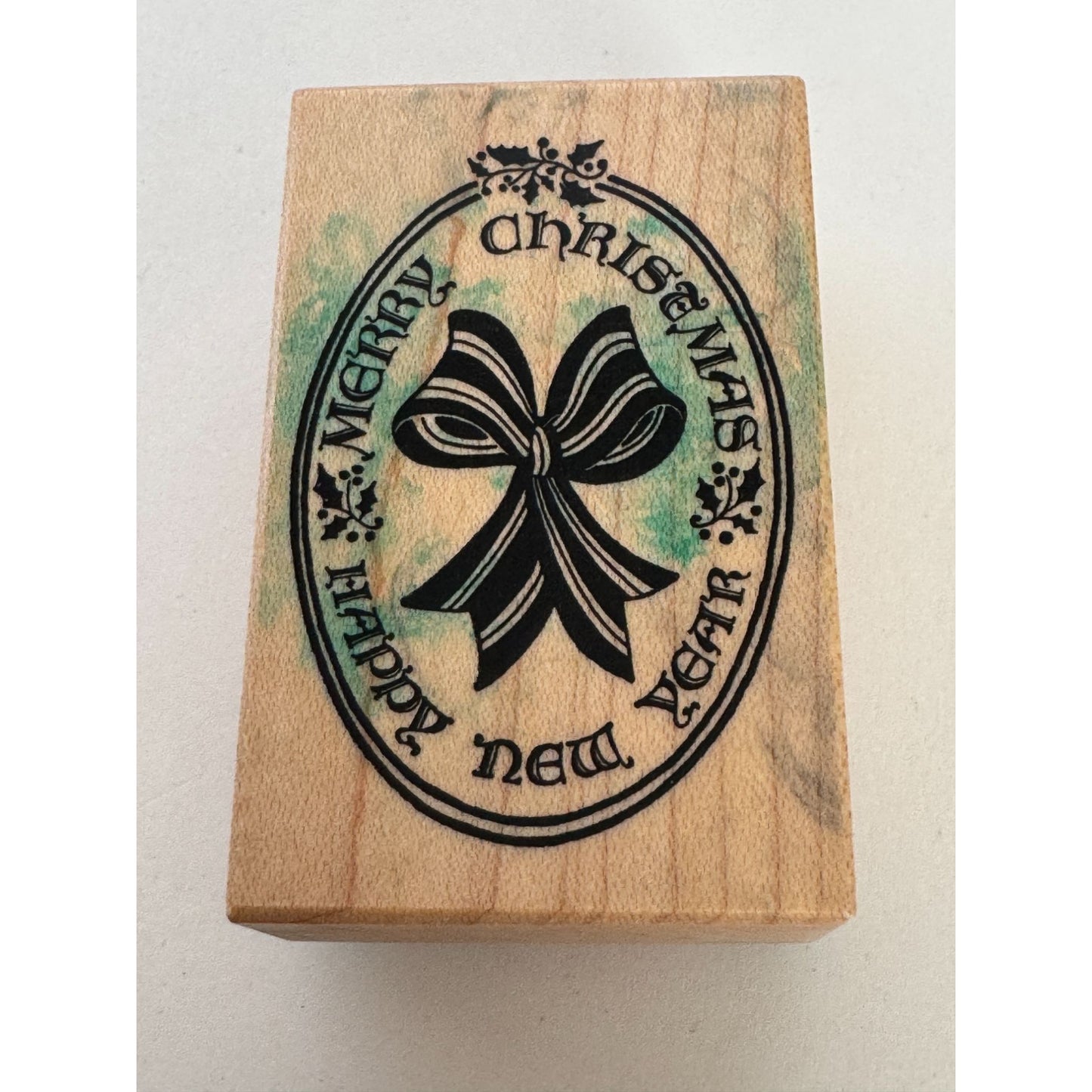 PSX Rubber Stamp Merry Christmas Happy New Year Bow Holidays Greeting Sentiment