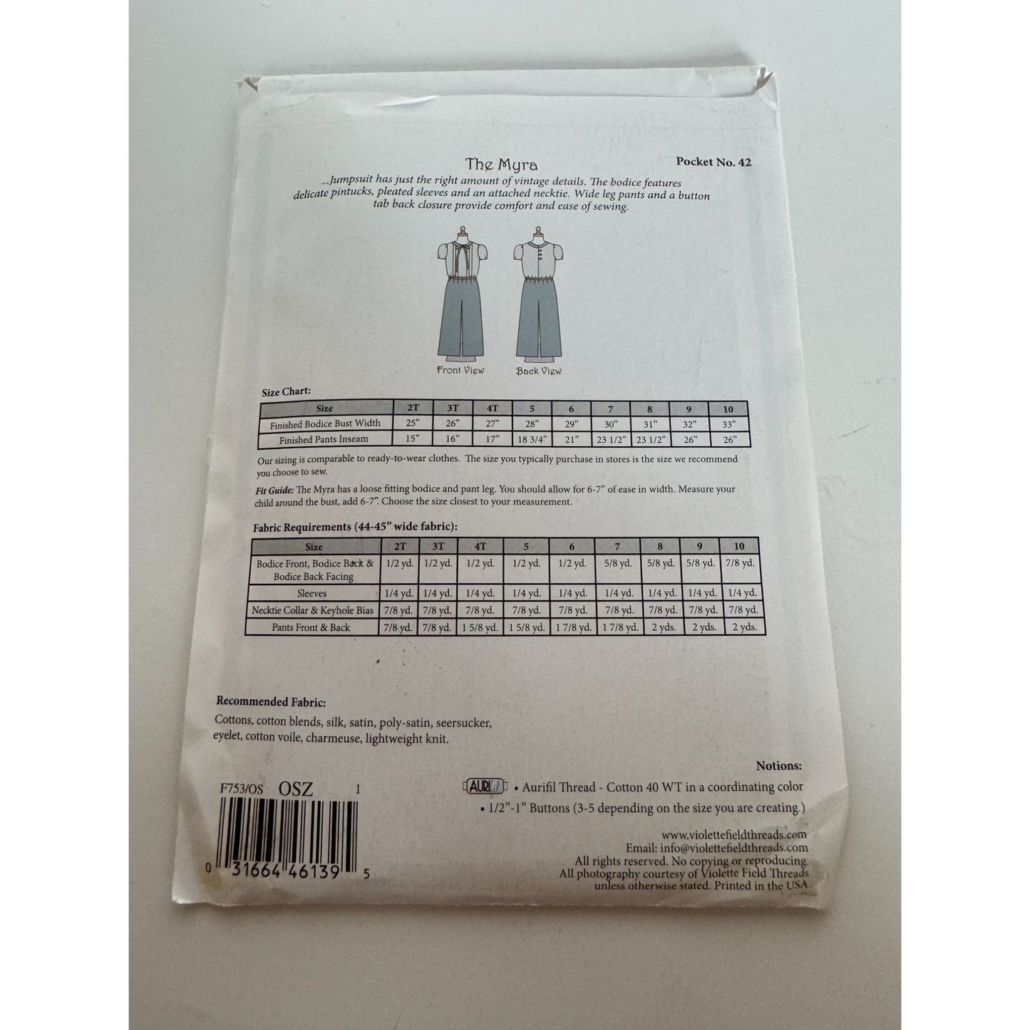 Violette Field Threads Sewing Pattern F753 Myra Girls Jumpsuit 2T-10 Summer UC