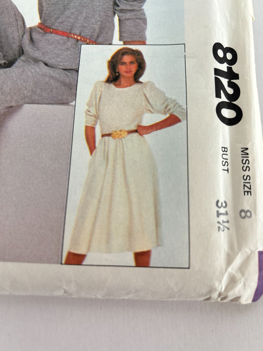 McCalls Sewing Pattern 8120 Misses Top Flared Skirt Pants Size 8 Bust 31 1/2" UC