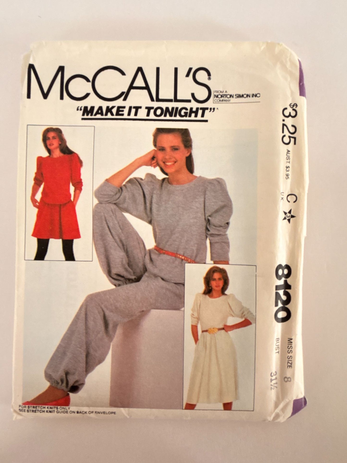 McCalls Sewing Pattern 8120 Misses Top Flared Skirt Pants Size 8 Bust 31 1/2" UC