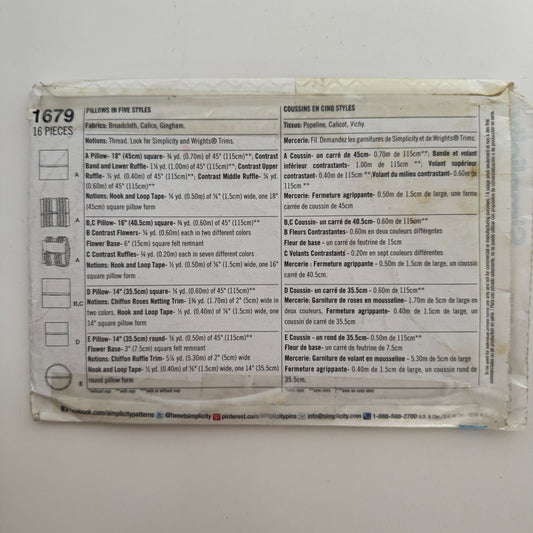 Simplicity Sewing Pattern 1679 Pillows Square Ruffles Couch Bedroom Home Decor