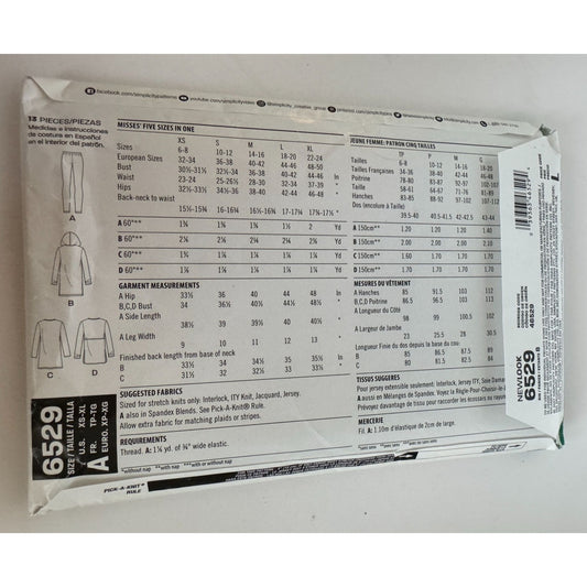 New Look Sewing Pattern 6529 Size XS-XL 6-24 Athletic Tops Leggings Uncut Easy