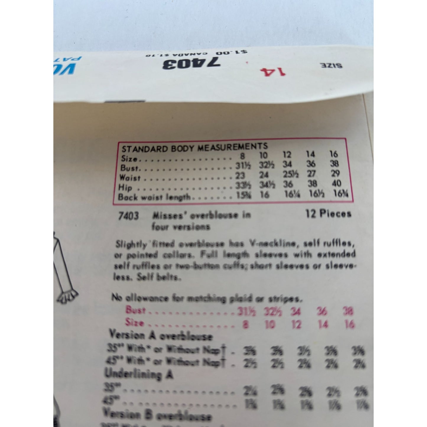 Vogue Sewing Pattern 7403 Misses Blouse Shirt Top Work Evening 1960s 14 Uncut