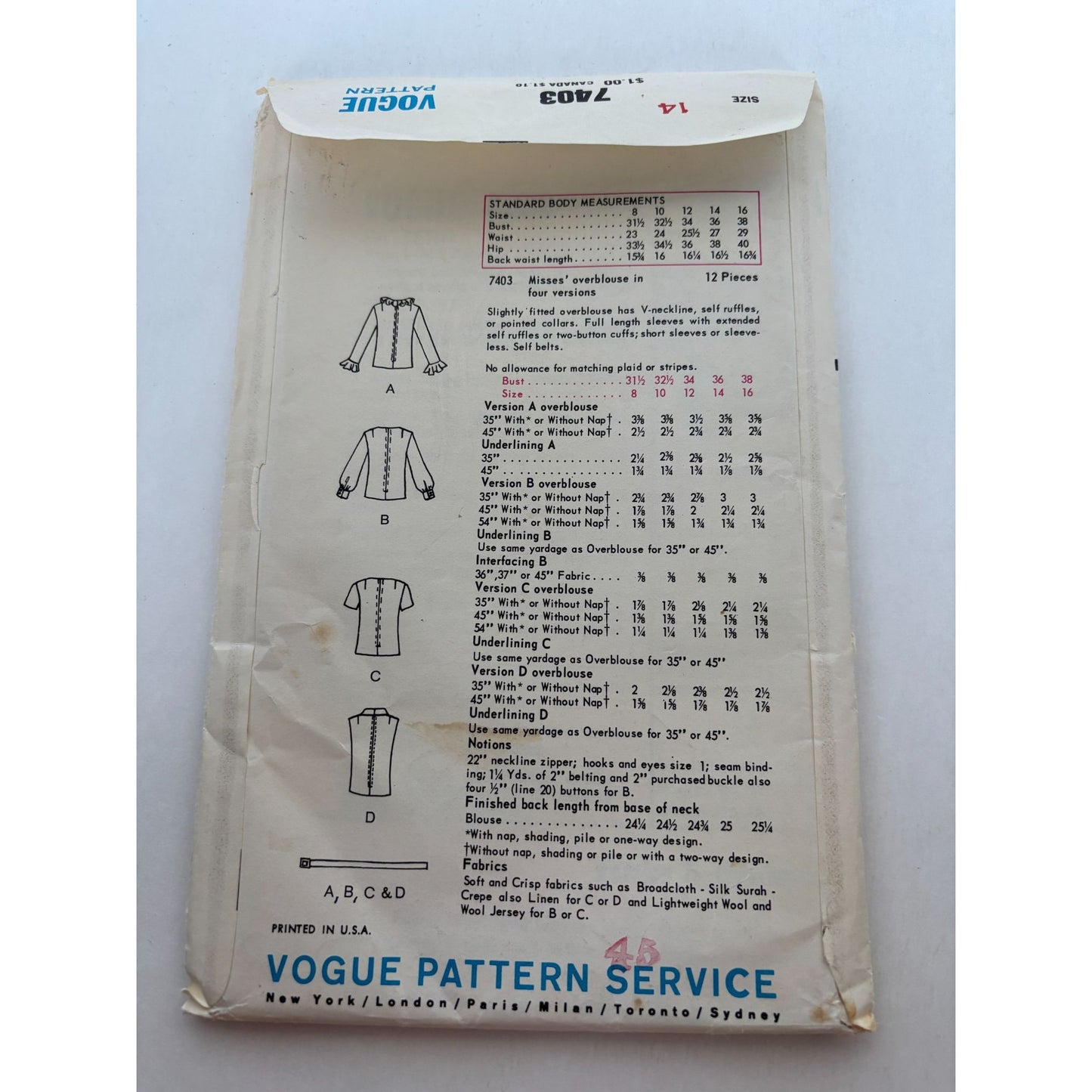 Vogue Sewing Pattern 7403 Misses Blouse Shirt Top Work Evening 1960s 14 Uncut