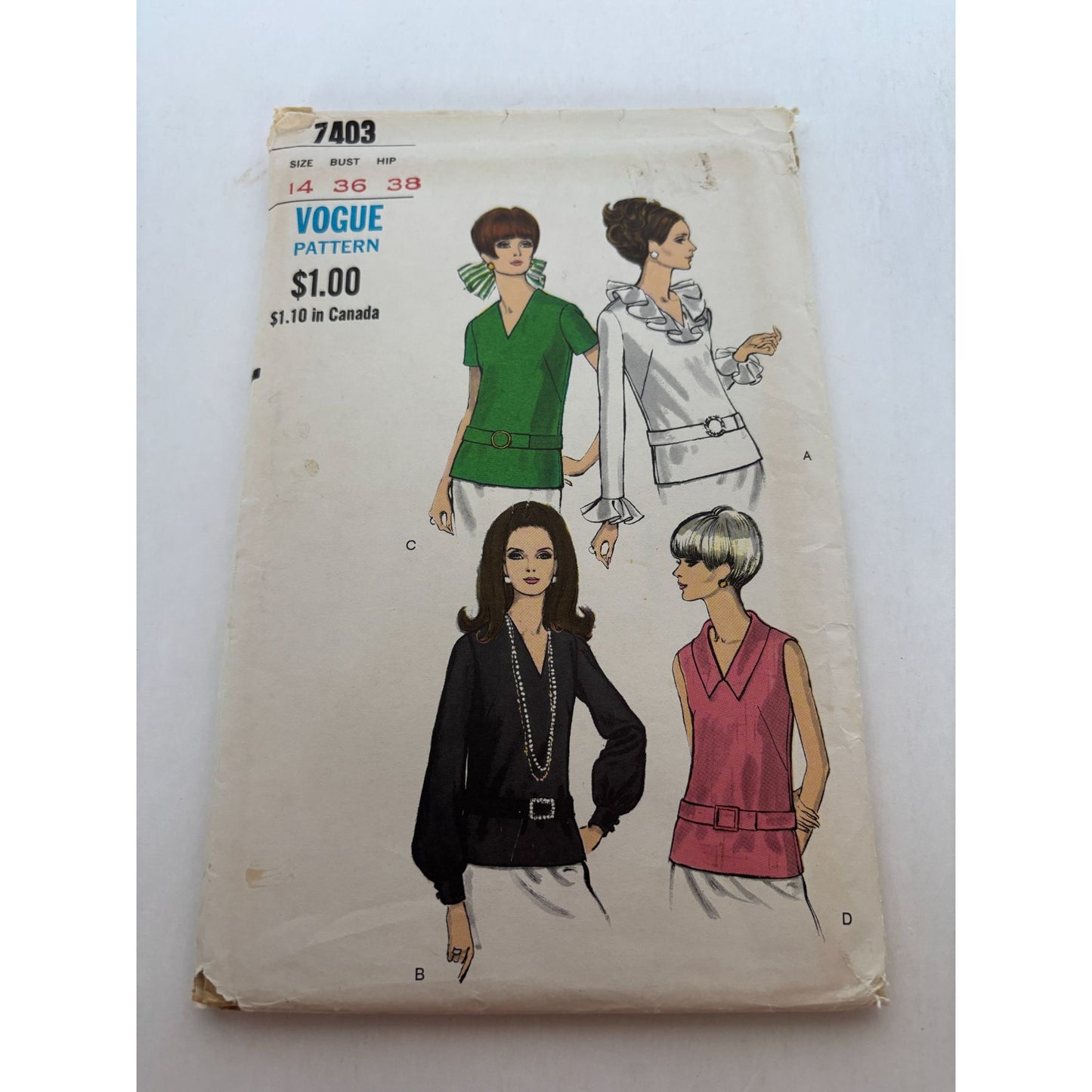 Vogue Sewing Pattern 7403 Misses Blouse Shirt Top Work Evening 1960s 14 Uncut