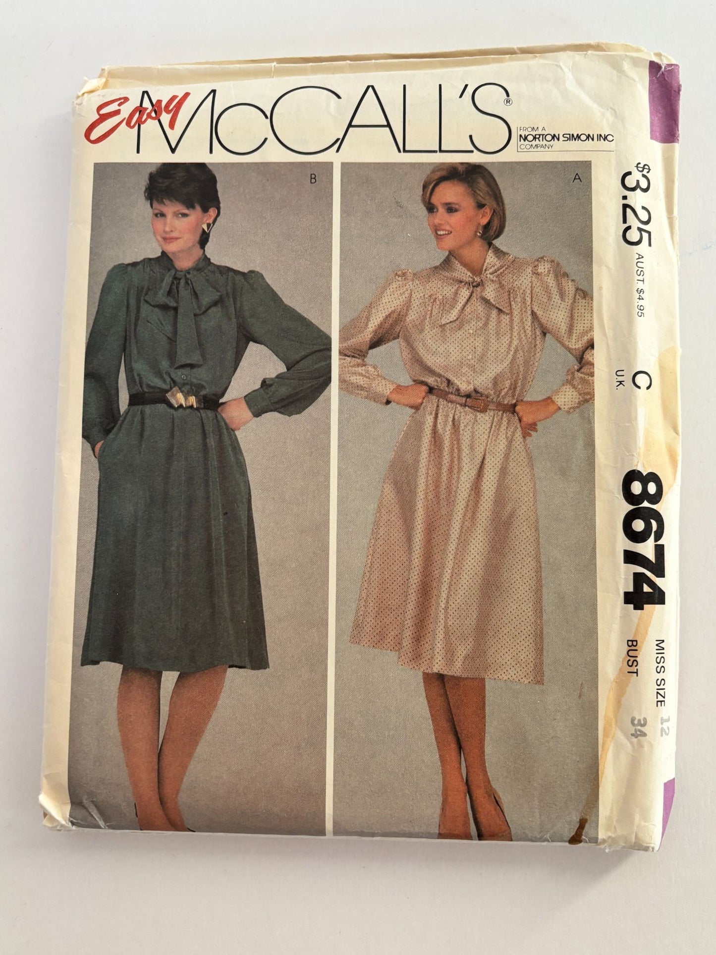 McCalls Sewing Pattern 8674 Dress Vintage Buttoned Bodice Tie Collar 1980s 12 UC