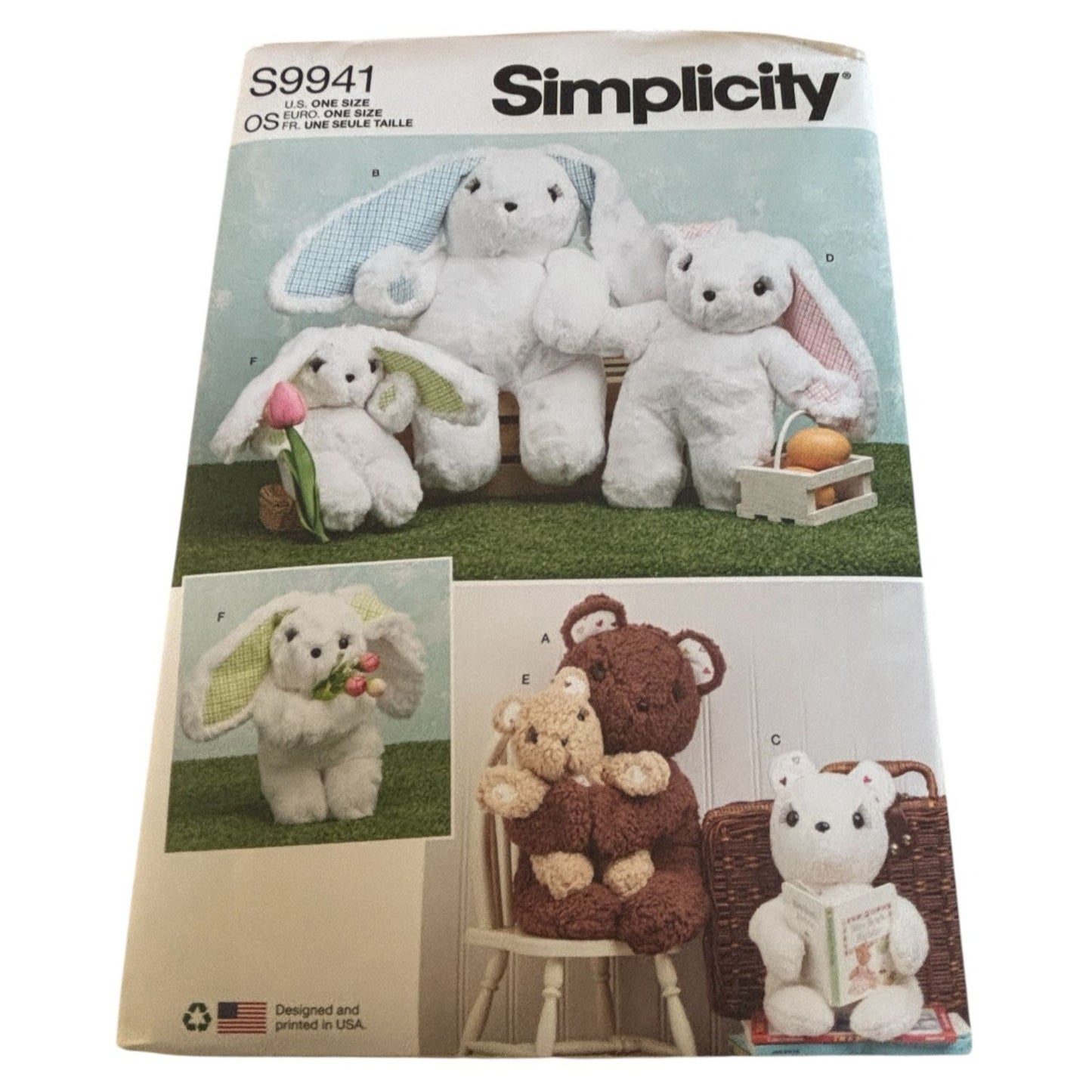 Simplicity Sewing Pattern S9941 Plush Teddy Bears Easter Bunny Rabbits Toy Uncut