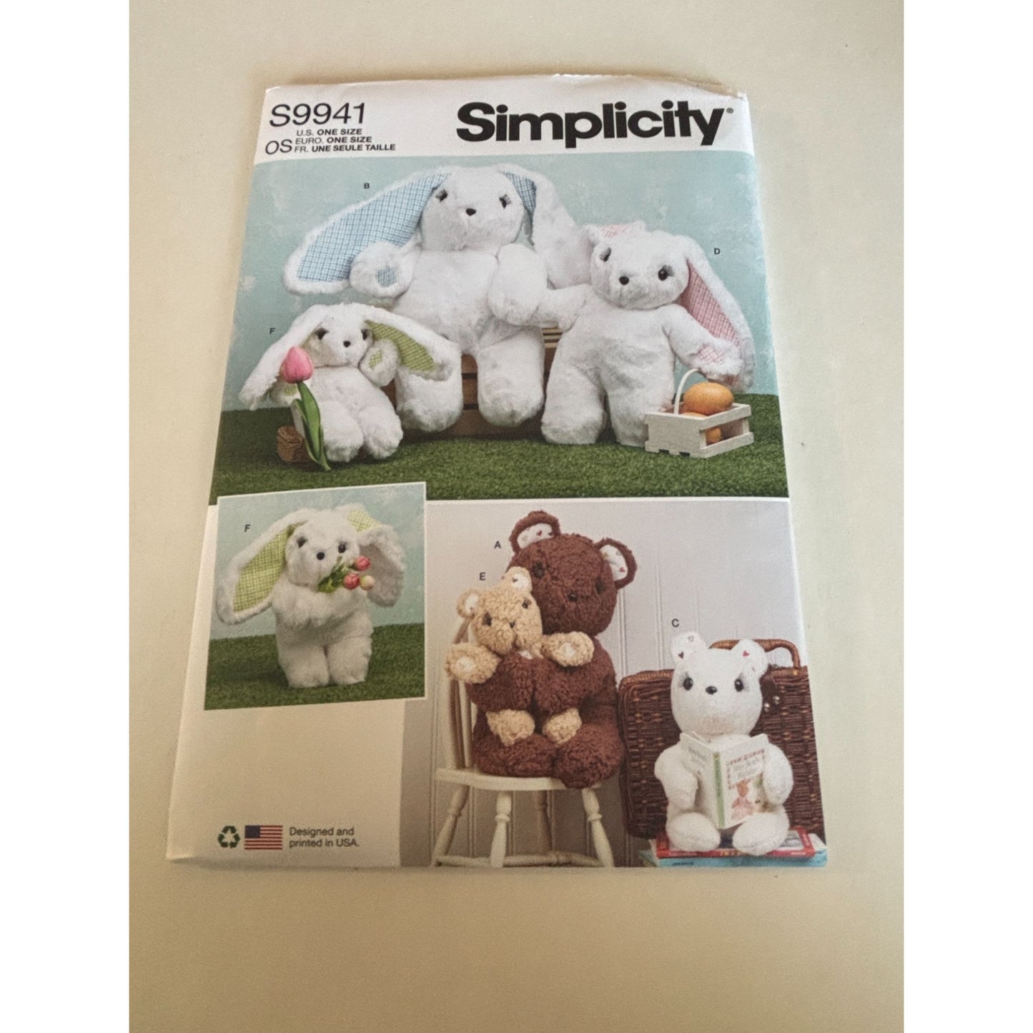 Simplicity Sewing Pattern S9941 Plush Teddy Bears Easter Bunny Rabbits Toy Uncut