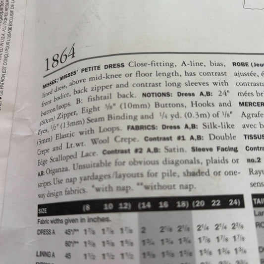 Vogue Sewing Pattern 1864 Wedding Dress Gown Lace Badgley Mischka CUT 14 16 18
