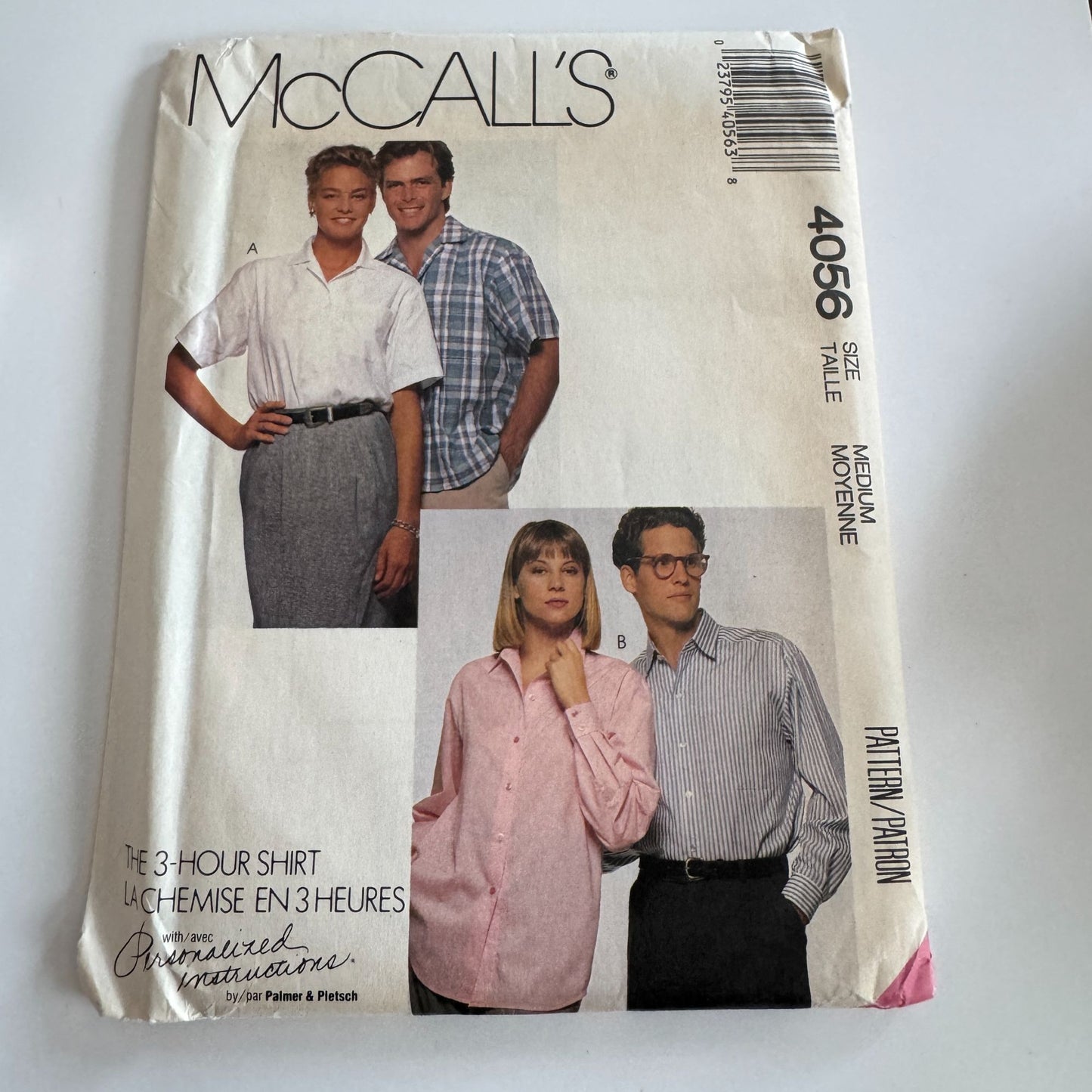 McCalls Sewing Pattern 4056 The Three Hour Shirt Mens Misses Teen Boy Bust 36-38