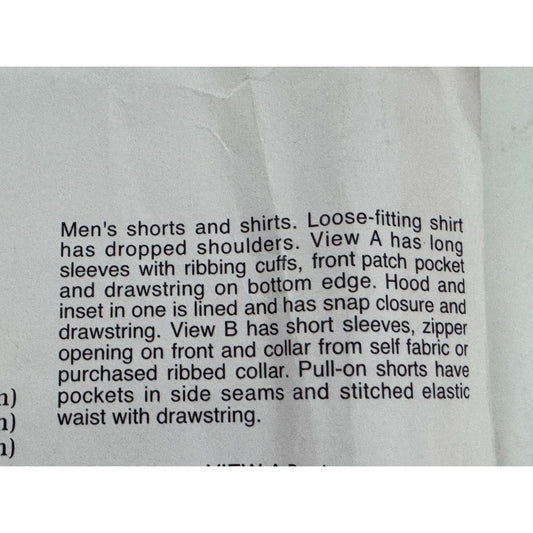 Kwik Sew Sewing Pattern 2396 Mens Hooded Shirt Shorts Athletic Sweatshirt S-XXL