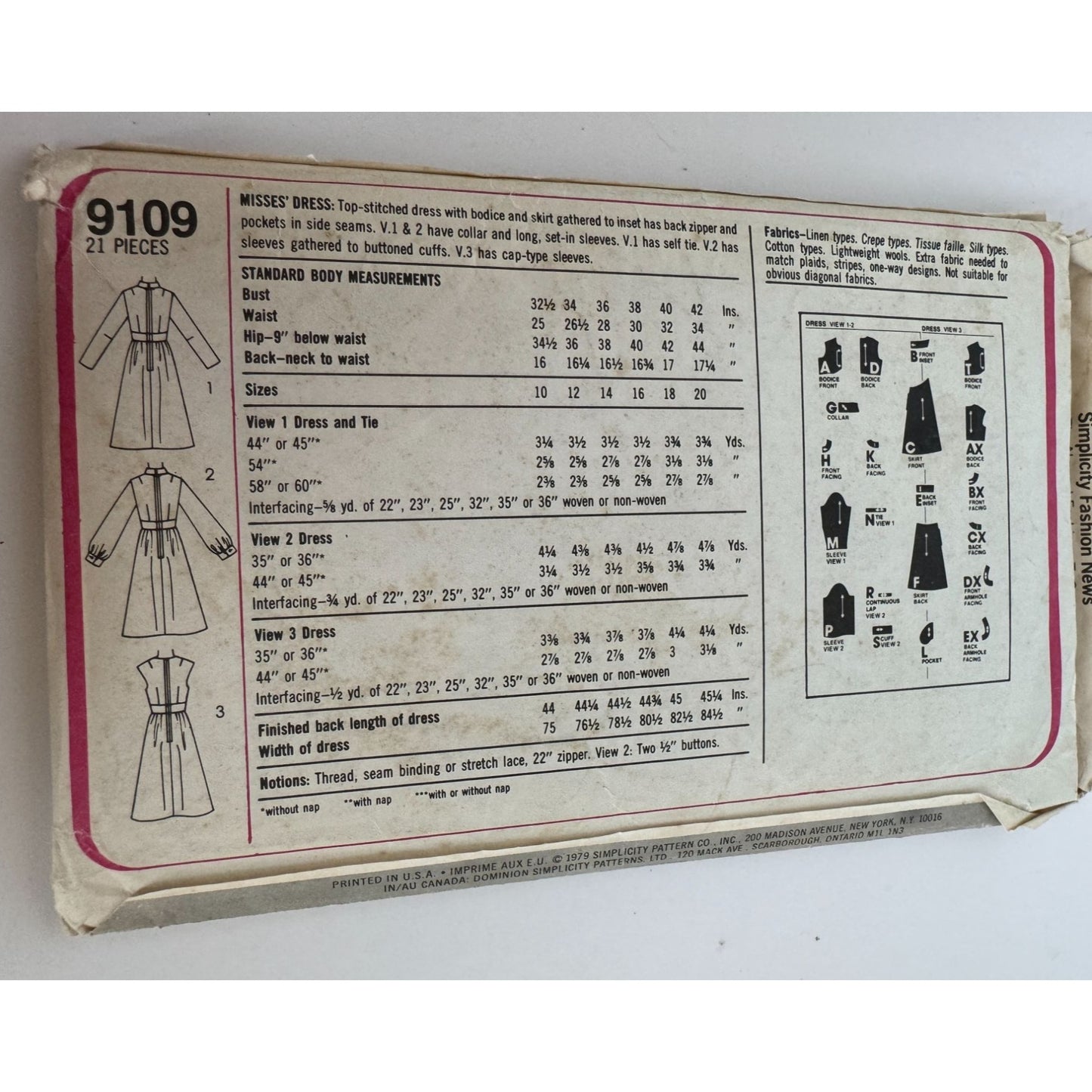 Simplicity Sewing Pattern 9109 Size 16 Dress Vintage 1970s Work Career Uncut