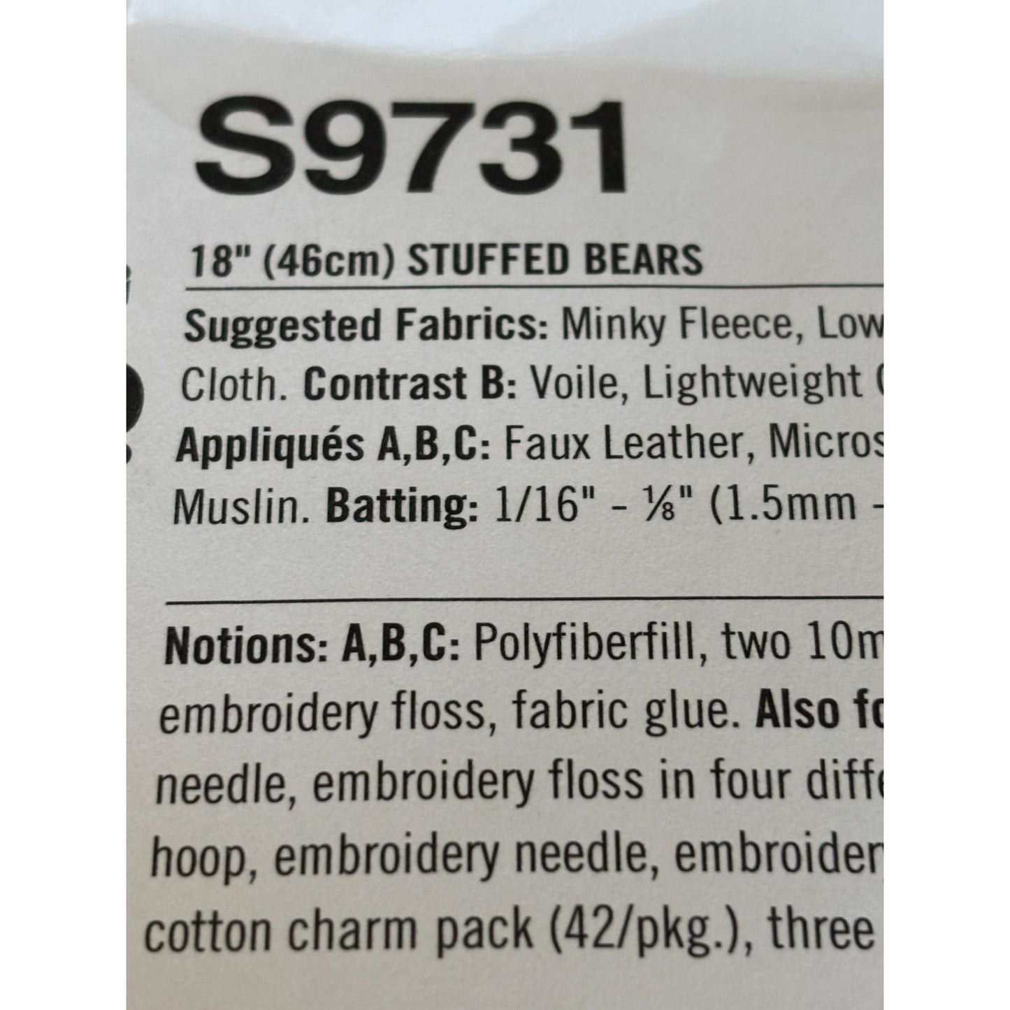 Simplicity Sewing Pattern S9731 Memory Bear Plush Toy by Carla Reiss 18" Uncut
